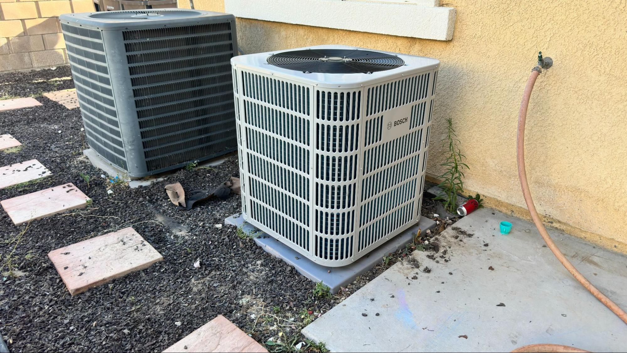 Bosch AC condenser unit installed beside home in Tehachapi, CA by Origin Heating & Air