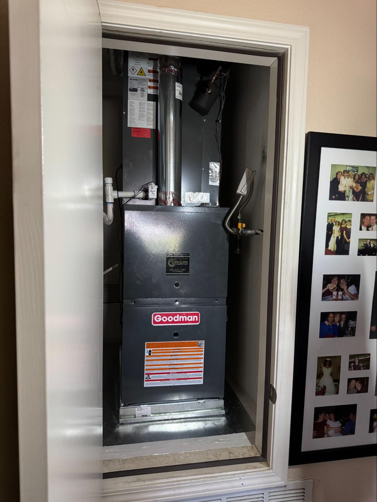 Goodman furnace installed in home utility closet in Palmdale, CA by Origin Heating & Air