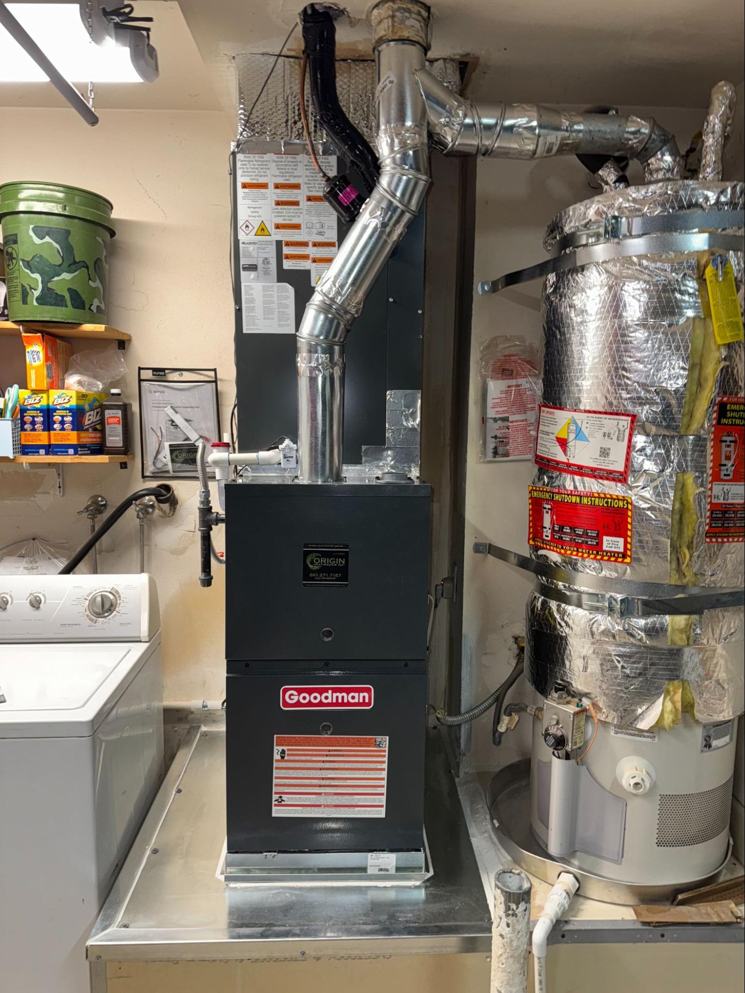 Goodman furnace installation in home utility closet in Tehachapi, CA by Origin Heating & Air